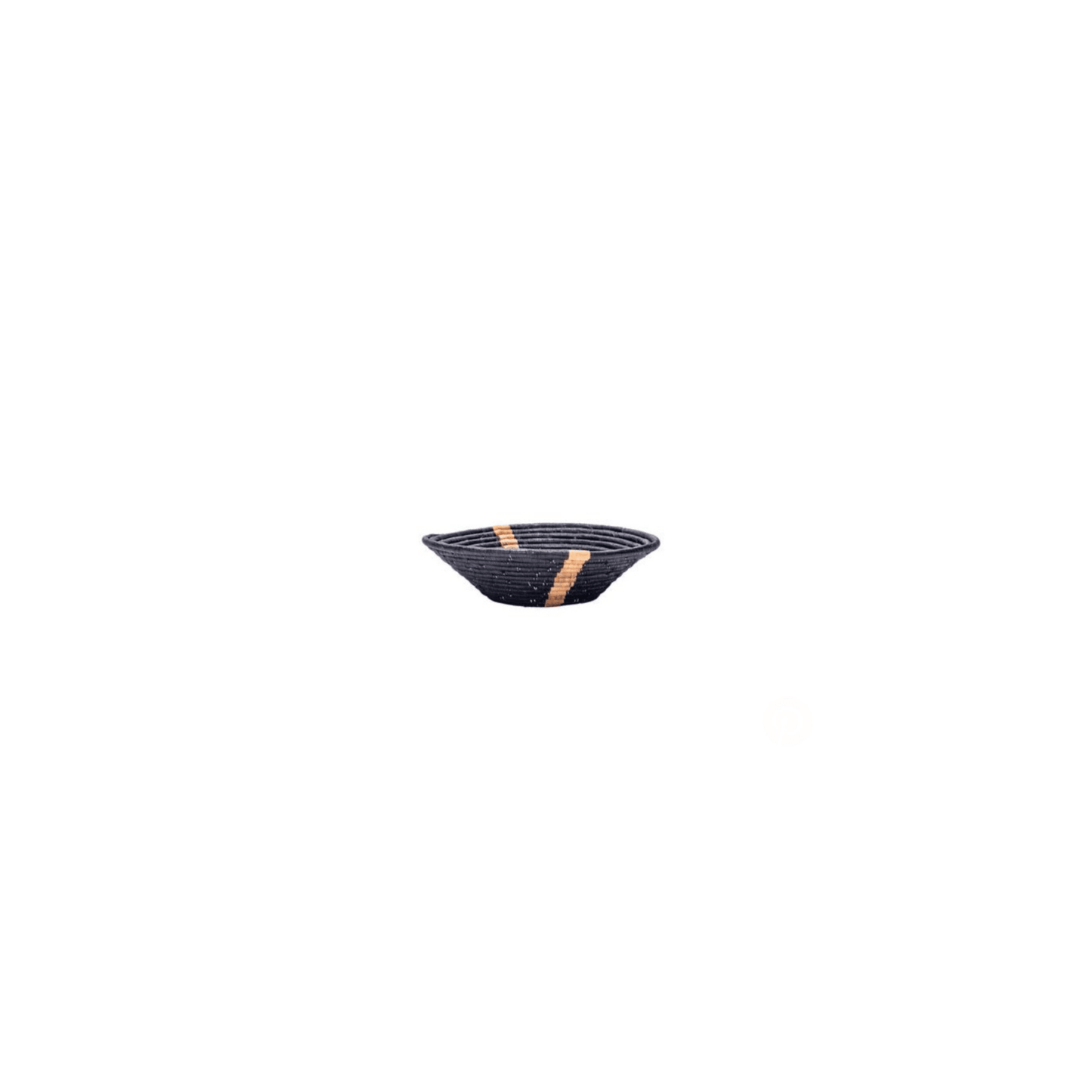 Side view of black woven kazi bowl with natural colored streak down center of bowl