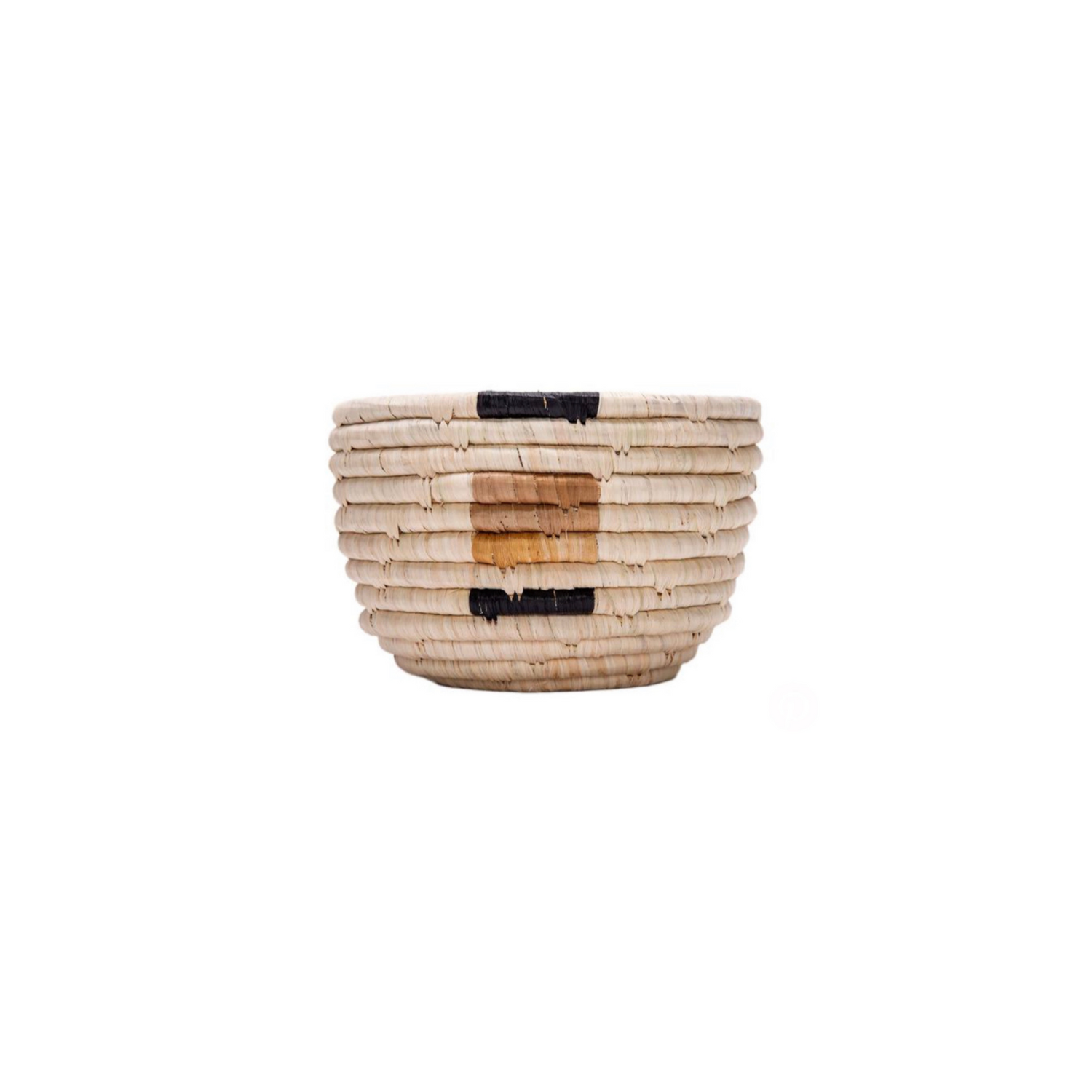 Woven beige raffia basket with a black stripe and a brown square in the center