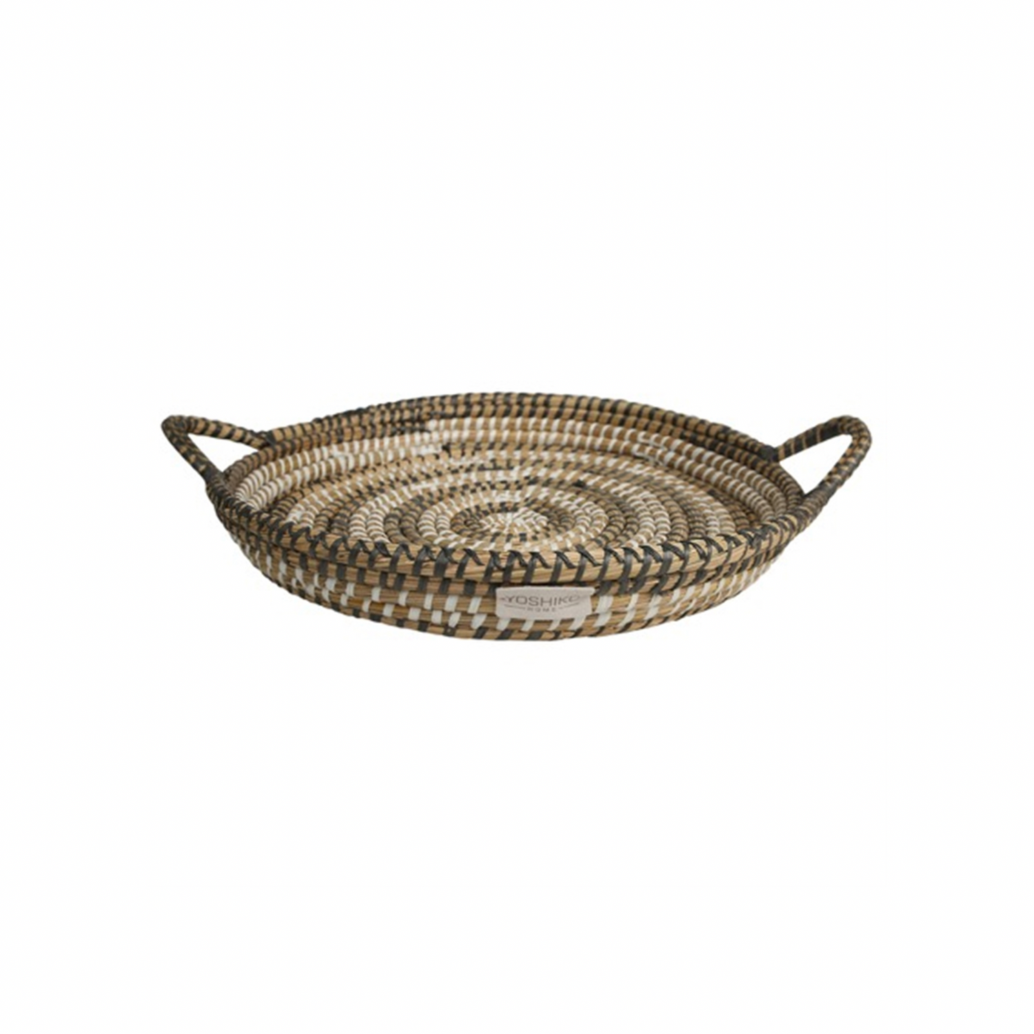 Oversized black and beige striped woven tray with handles 