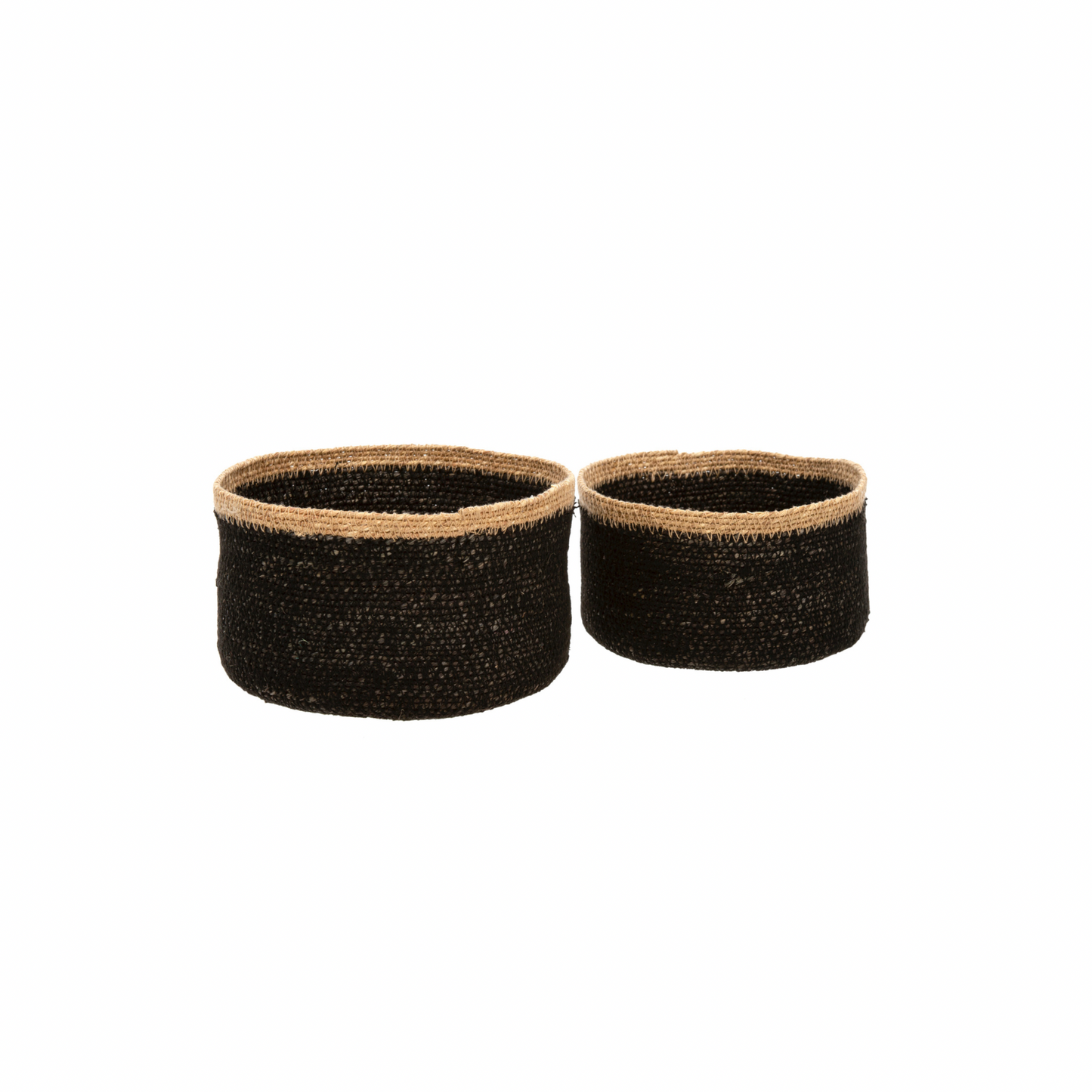 Two black seagrass baskets with tan stripe at top